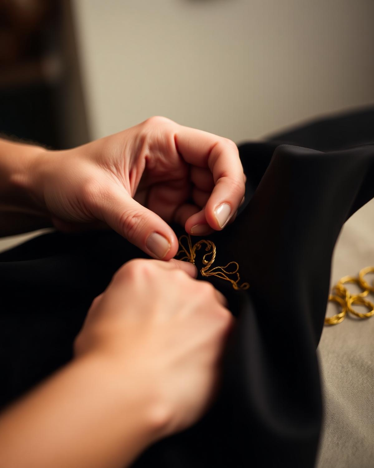 Hands embroidering gold thread onto black silk